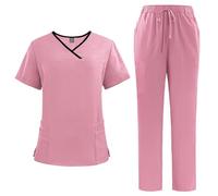 Meichoon Medical Nurse Uniform Split Scrubs Solid Color V-Neck Top with 4 Pockets Stretchy Drawstring Jogging Pants DK51Pink XL