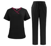 Meichoon Medical Nurse Uniform Women's Classic V-Neck Top Stretchy Drawstring Jogging Pants Pure Color Quick Drying Soft Sweat Absorbent DK51Black XXL