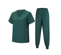 Meichoon Medical Scrubs Set Classic V-Neck Top with Jogging Pants with Pockets Uniform Natural Skin Friendly DK06 Dark Green Large