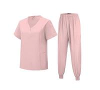Meichoon Medical Scrubs Set Classic V-neck Top with Jogging Pants with Pockets Uniform Natural Skin Friendly DK06 Pink Large