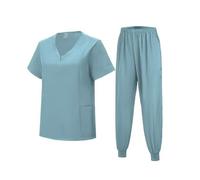 Meichoon Medical Scrubs Set Classic V-neck Top with Jogging Pants with Pockets Uniform Natural Skin Friendly DK06 Light Blue Large