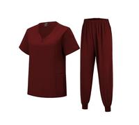 Meichoon Medical Scrubs Set Classic V-Neck Top with Jogging Pants with Pockets Uniform Natural Skin Friendly DK06 Red Large