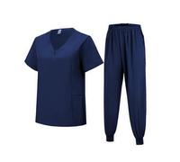 Meichoon Medical Scrubs Set Classic V-neck Top with Jogging Pants with Pockets Uniform Natural Skin Friendly DK06 Navy Blue Large