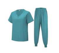 Meichoon Medical Scrubs Set Classic V-Neck Top with Jogging Pants with Pockets Uniform Natural Skin Friendly DK06 Lake Blue Large