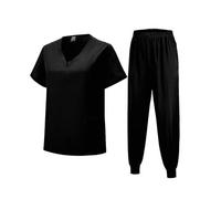 Meichoon Medical Scrubs Set Classic V-neck Top with Jogging Pants with Pockets Uniform Natural Skin Friendly DK06 Black Large
