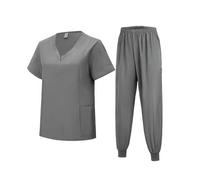 Meichoon Medical Scrubs Set Classic V-neck Top with Jogging Pants with Pockets Uniform Natural Skin Friendly DK06 Grey Large