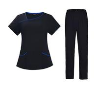 Meichoon Medical Scrubs Set Irregular Neckline Top with 4 Pockets Breathable Loose Yoga Pants Soft Skin-friendly DK54Black L