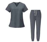 Meichoon Medical Scrubs Set Quick-Drying V-Neck Short-Sleeved Top Natural Elastic Soft Pants for Men and Women DK05 Grey Large