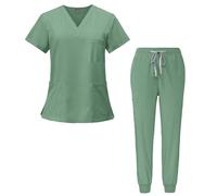 Meichoon Medical Scrubs Set V-Neck Elastic Short-Sleeved Top Tight Pants Quick-Drying Oral Nurse Doctor Uniform DK05 Green Medium