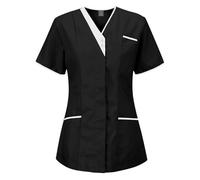 Meichoon Medical Scrubs Top Nursing Uniform Top V Neck Three Pocket Short Sleeve Slim Fit Lightweight Breathable Quick Drying Black