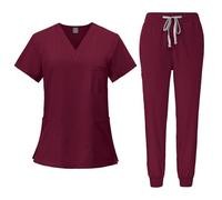 Meichoon Medical Uniform Set Scrubs Top and Pants V-Neck with 3 Pockets Ultra Soft and Quick Drying for Men and Women DK05Red XX-Large