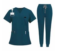 Meichoon Nursing Scrub Set V Neck Short Sleeve Drawstring Pants Medical Uniform with 3 Pockets Wicking