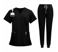 Meichoon Nursing Scrub Set V Neck Short Sleeve Medical Uniform with 3 Pockets and Adjustable Pants for Hospital Dental