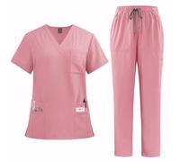 Meichoon Nursing Scrubs Set Functional Medical Uniform with 8 Pockets V Neck Top Straight-leg Pants Easy Care DK77Pink XXL