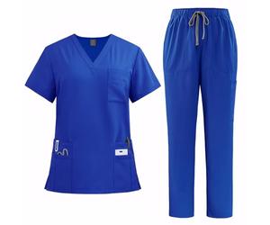 Meichoon Nursing Scrubs Set Medical Overalls Suit with Moisture-Wicking Quick-Dry Fabric Top with 8 Functional Pockets DK77Blue S