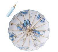 Meichoon Retro Sun Umbrella UPF50+ UV Protection Large 102cm/40in for 2 Person Upgrade Thickened Double-bone Fiberglass 16 Rib Waterproof Wind Resistant Folding Parasol for Women Travel Wood Handle