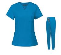 Meichoon Scrubs for Women Set Medical Uniforms V-Neck Stretch Short Sleeve Top with 3 Pockets Tapered Yoga Jogger Pants Elasticized Waistband DK09 Blue X-Small