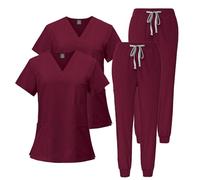Meichoon Scrubs Set 2pcs Womens Short Sleeve Top Soft Tapered Pants 3 Pockets Sweat Absorbent Quick Drying DK05Red M