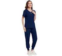 Meichoon Scrubs Set for Women Curved V-Neck Button Down Top Tapered Jogging Pants with Drawstring Stretch Quick Dryingauty Salon Coveralls DK52Dark Blue S