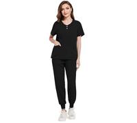 Meichoon Scrubs Set for Women Curved V-Neck Button Down Top Tapered Jogging Pants with Drawstring Stretch Quick Dryingauty Salon Coveralls DK52Black S