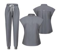 Meichoon Women's Medical and Nursing Scrubs Short Sleeve Set Stand Up Collar Stretch Top with 2 Side Pockets Tapered Drawstring Stretch Jogging Pants DK55Grey S