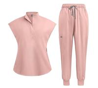 Meichoon Women's Medical and Nursing Scrubs Short Sleeve Set Stand Up Collar Stretch Top with 2 Side Pockets Tapered Drawstring Stretch Jogging Pants DK55Pink S S