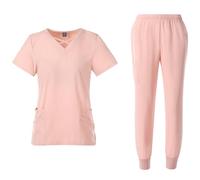 Meichoon Women's Nurse Uniform Set Split Short Sleeve Top with 4 Pockets Slim Fit Jogging Yoga Pants Medical Uniforms DK53Pink S
