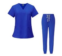 Meichoon Women's Scrub Suit Set V-Neck Top and Drawstring Tapered Legs Ultra Soft and Quick Drying Short Sleeve Q-DK05 Blue Small