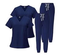 Meichoon Women's Scrubs Set 2pcs Medical scrubs Top and pants V-neck 3 pockets Ultra Soft and Quick Drying DK05Navy Blue S