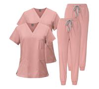 Meichoon Women's Scrubs Set 2pcs Nurses' Gowns Stretchy Short-sleeved Top with 3 Pockets Slim-fit Pants Quick-drying Sweat-wicking DK05Pink XXL
