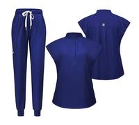 Meichoon Women's Scrubs Set Separate Short Sleeve Stand Up Neck Top 2 Side Pockets Drawstring Yoga Pants Quick Drying Sweat Absorbent DK55Dark Blue L