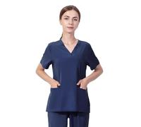 Meichoon Women's Scrubs Top V-Neck Short Sleeve Stretchy Slim Fit Soft Wrinkle Resistant Sweat Absorbent Quick Drying DK56Navy Blue XL