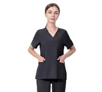 Meichoon Women's Scrubs Top V-Neck Short Sleeve Stretchy Slim Fit Soft Wrinkle Resistant Sweat Absorbent Quick Drying DK56Black XL