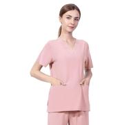 Meichoon Women's Scrubs Top V-Neck Short Sleeve Stretchy Slim Fit Soft Wrinkle Resistant Sweat Absorbent Quick Drying DK56Pink XL
