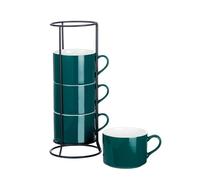 Meichu 10oz Porcelain Stackable Coffee Mugs and Metal Stand Set of 4, Espresso Cups Set for Hot Drinks, Cappuccino, Tea-Green