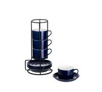 Meichu 2.5oz Espresso Cups Set of 4, Porcelain Stackable Espresso Cups with Saucers and Metal Stand Set, Blue Expresso Shots Cup Set