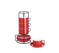Meichu 2.5oz Espresso Cups Set of 4, Porcelain Stackable Espresso Cups with Saucers and Metal Stand Set, Red Expresso Shots Cup Set for Cappuccino, Coffee Drinks, Latte, Tea