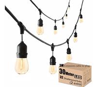 Meidaoduo Outdoor String Lights LED Mains, 30 Meters Festoon Garden String Lights 30 E27 Waterproof Sockets, 32pcs LED Shatterproof Patio Garden Party Wedding Backyard
