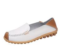 Meidiastra Womens Leather Loafers Comfortable Walking Shoes Working Casual Round Toe Moccasins Lightweight Flat Pumps Shoes Slip On White 35