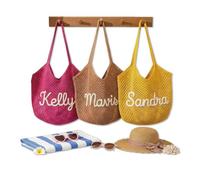 MEIEG Custom Crochet Beach Tote Bag, Custom Name Handwoven Mesh Summer Handbag for Women, Foldable Lightweight Shoulder Bag for Vacation