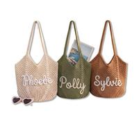 MEIEG Personalized Crochet Beach Bag, Custom Name Knit Summer Vacation Tote, Handmade Cotton Mesh Pool Handbag, Shoulder Travel Bag for Women