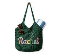 MEIEG Personalized Knit Mesh Beach Bag with Custom Name, Handmade Cotton Crochet Shoulder Tote, Lightweight Summer Pool Vacation Handbag(Green)