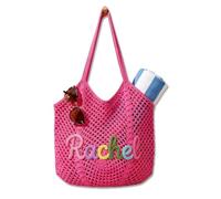 MEIEG Personalized Knit Mesh Beach Bag with Custom Name, Handmade Cotton Crochet Shoulder Tote, Lightweight Summer Pool Vacation Handbag(Rose Pink)