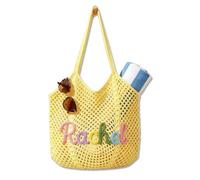 MEIEG Personalized Knit Mesh Beach Bag with Custom Name, Handmade Cotton Crochet Shoulder Tote, Lightweight Summer Pool Vacation Handbag(Yellow)