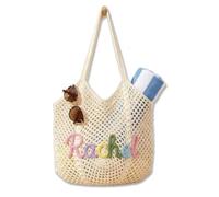 MEIEG Personalized Knit Mesh Beach Bag with Custom Name, Handmade Cotton Crochet Shoulder Tote, Lightweight Summer Pool Vacation Handbag(Beige)