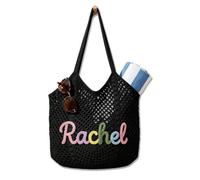 MEIEG Personalized Knit Mesh Beach Bag with Custom Name, Handmade Cotton Crochet Shoulder Tote, Lightweight Summer Pool Vacation Handbag(Black)