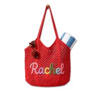 MEIEG Personalized Knit Mesh Beach Bag with Custom Name, Handmade Cotton Crochet Shoulder Tote, Lightweight Summer Pool Vacation Handbag(Red)