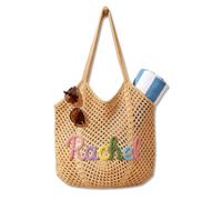 MEIEG Personalized Knit Mesh Beach Bag with Custom Name, Handmade Cotton Crochet Shoulder Tote, Lightweight Summer Pool Vacation Handbag(Brown)