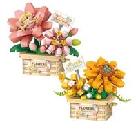 MEIEST 2 Packs Micro Flower Building Blocks,Simulation Bonsai Particle Botanical Collection Construction Building Bricks Toy,Home Decors (Zinni Yellow daisy)
