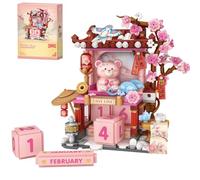 MEIEST Adult Perpetual Calendar Building Blocks Set,Cute Bear Chinese Style Construction Building Bricks,Creative Gift Home Office Decor (Pink Peach Blossoms)